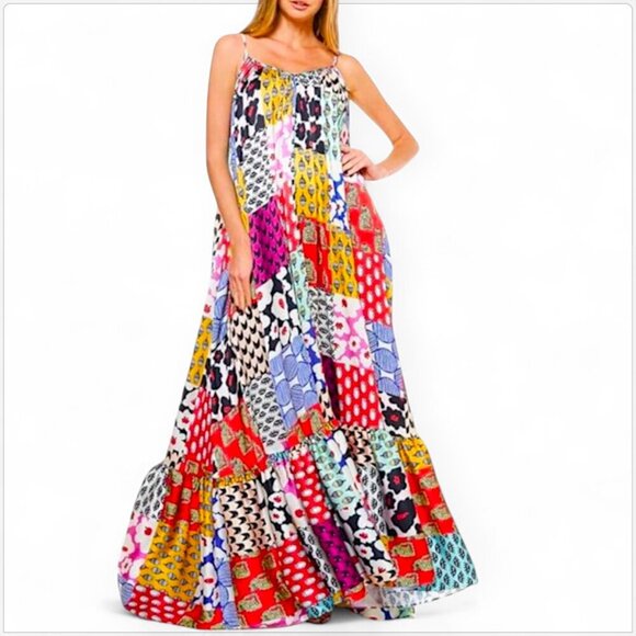 TOV Los Angeles Rideau A-Line Flowy Maxi Patchwork Multi Print Dress NWT NEW 38 - Picture 2 of 8